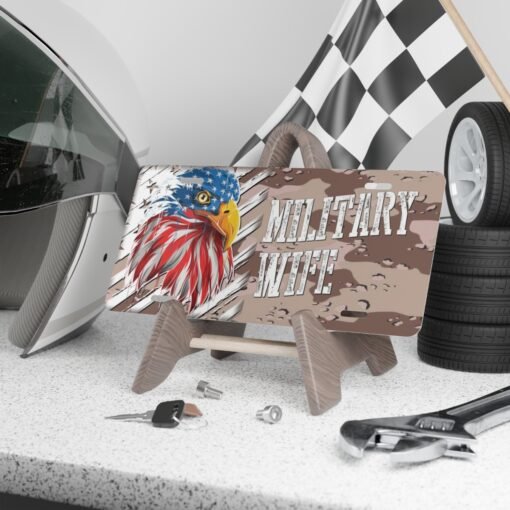 Custom Vanity Plate Tag With Military Wife And American Eagle Flag And Chocolate Chip Camo