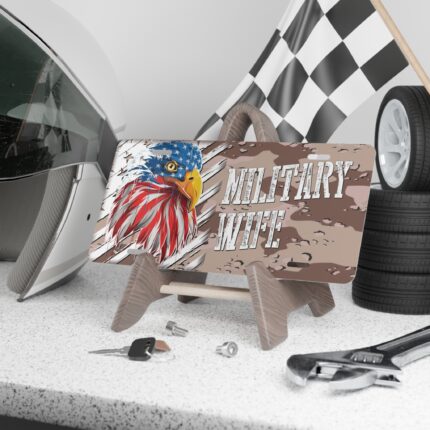 Proud Military Wife Custom Plate with Eagle Flag & Camo || Unique Military Spouse Vanity Tag – Durable Eagle Camo Design