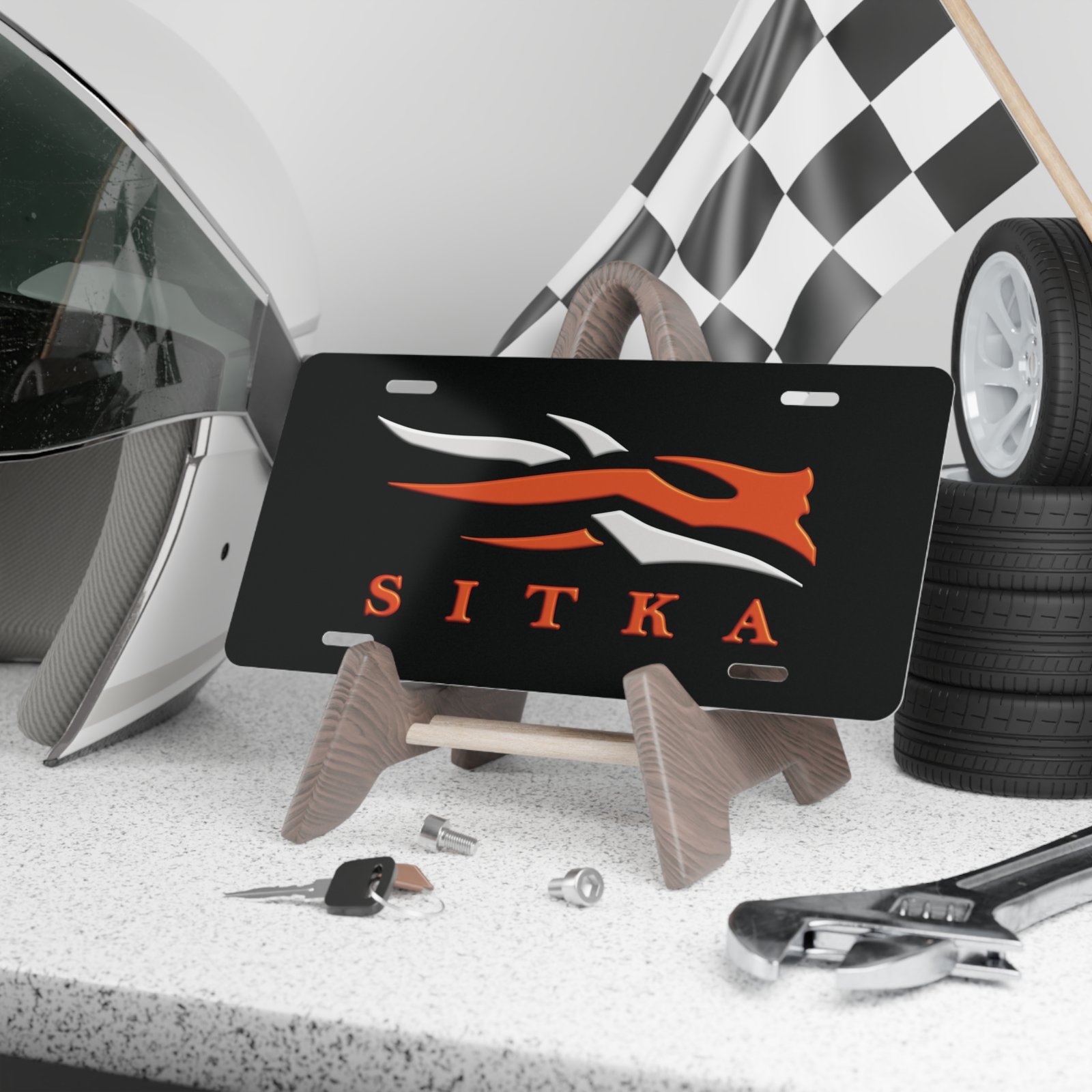 Rugged Sitka 3 D Camo Vanity Plate in Orange & Silver || Stylish Orange & Silver Camo Vanity Plate for Adventurous Souls