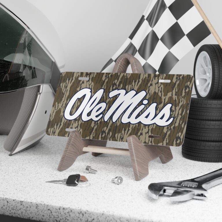Weatherproof Ole Miss Camo Front Plate for Hunting Trucks