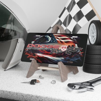 Custom Vanity Plate Tag With Patriotic USA Flag And Dodge Logo