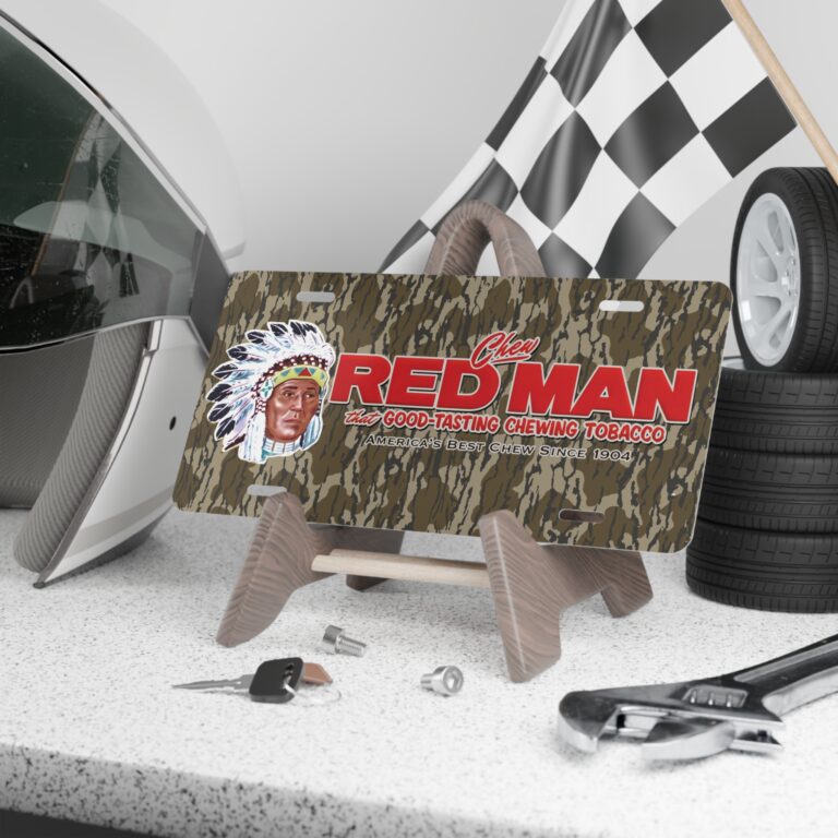 Hunter Camo Front Vanity Plate with Red Man Chew Graphic